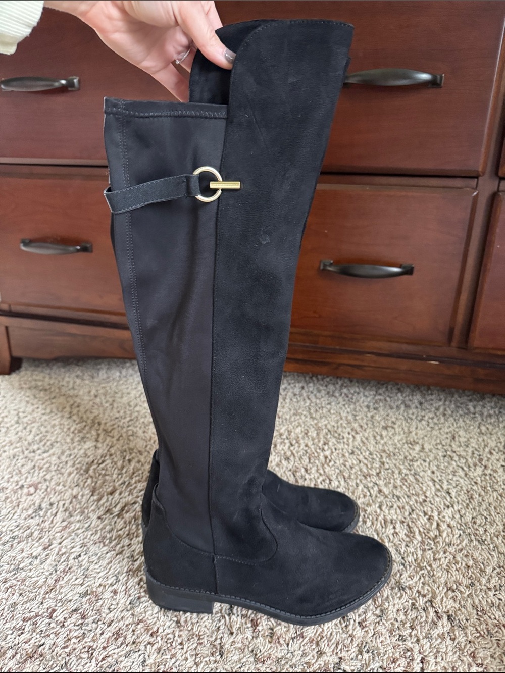 Women's Black Over-the-Knee Boots with Gold Ring Detail